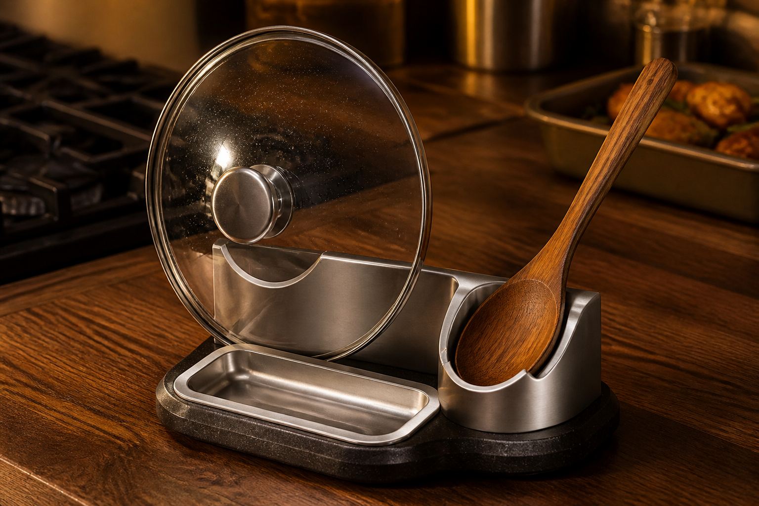 LidPerch stainless stand holding a glass pot lid and a wooden spoon